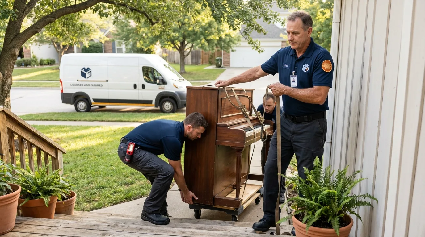 Licensed piano movers securing grand piano in Ormond Beach, FL