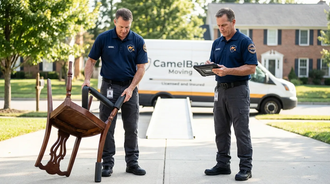 Movers inspecting furniture for damage prevention before loading in Ormond Beach, FL