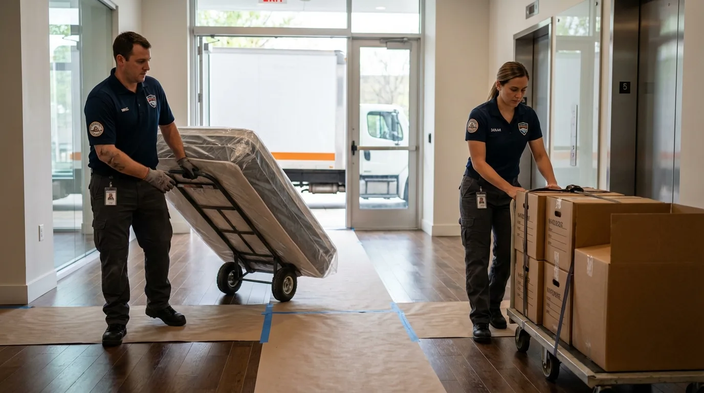 Professional apartment movers loading elevator in Ormond Beach, FL